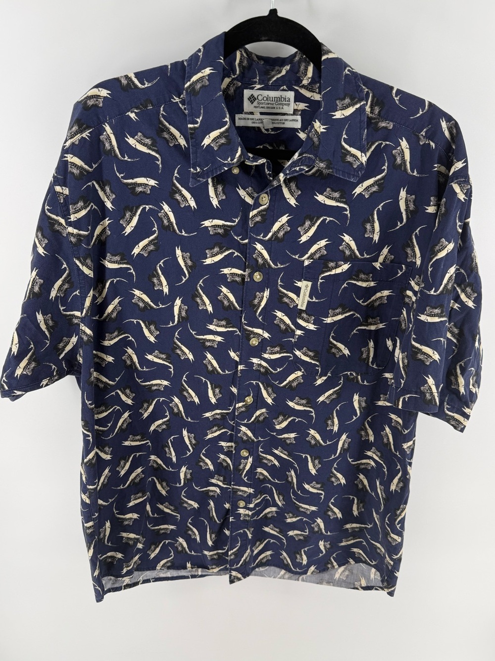 Vintage Columbia Sportswear Fish Print Men’s Button Down Shirt Blue L